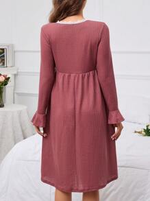 SHEIN Thai sản Trang trí ren Dệt kim Waffle Váy ngủ - Gỗ đỏ - Xem 2