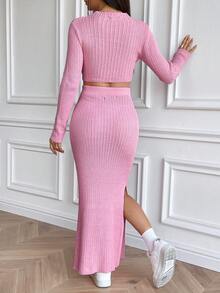 SHEIN Unity 1 套紧身性感纯色长袖上衣和高开叉裙毛衣两件套服装 - 粉色 - 查看 2