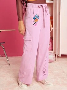 THE POWERPUFF GIRLS X SHEIN 字母圖案側翻蓋口袋工裝褲 - 粉色 - 查看 5