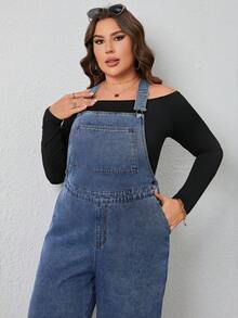 SHEIN Essnce 大碼下擺開叉牛仔背帶褲不帶T恤 - 中等水洗藍 - 查看 3