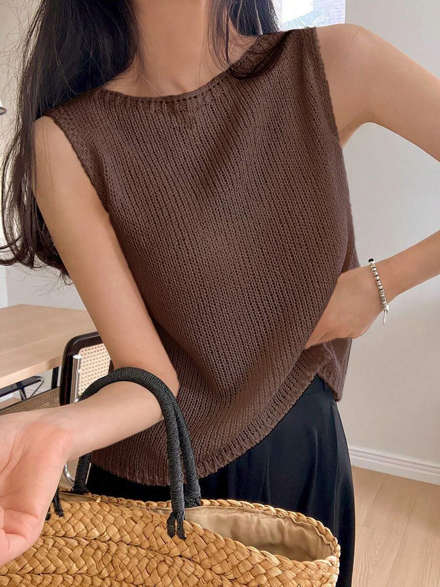 DAZY Solid Round Neck Knit Top - Coffee Brown - View 1