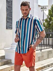 Genlund Men's Plus Size Loose-Fit Striped Print Shirt & Shorts Set - Blue - View 3
