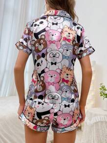 Cartoon Graphic Contrast Piping PJ Set / Pajama Set - Multicolor - View 2