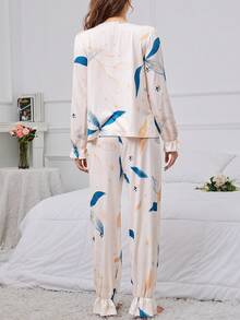 Maternity Plants Print Tie Neck Ruffle Trim PJ Set - Multicolor - View 2