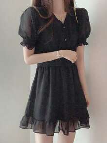 Women's Solid Color V-Neck Mesh Ruffle Trim Front Button Waist Fit And Flare Mini Dress Casual Black Summer Elegant - Black - View 4