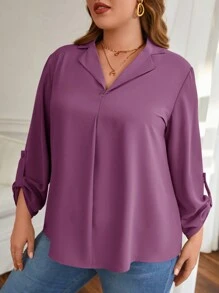 SHEIN Frenchy Talla grande Blusa de manga enrollada con botón unicolor - Morado - Ver 4