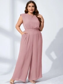 SHEIN Clasi Plus Solid Shoulder Padded Wide Leg Jumpsuit - Dusty Pink - View 3