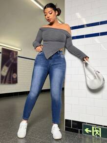 SHEIN EZwear 大碼高腰漂白水洗緊身牛仔褲 - 中等水洗藍 - 查看 6