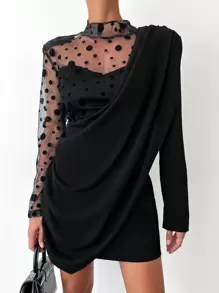 EURMUSE Black Sheer Chiffon Mini Dress With Stand Collar, Contrast Mesh Design, Slim Fit And Long Sleeves For Women - Black - View 1
