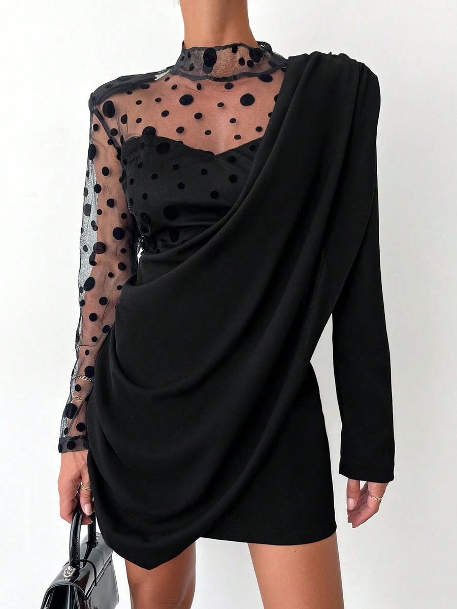 EURMUSE Black Sheer Chiffon Mini Dress With Stand Collar, Contrast Mesh Design, Slim Fit And Long Sleeves For Women - Black - View 1