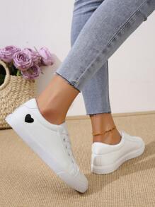 Giày thể thao nữ đế thấp mũi tròn họa tiết trái tim màu đen đơn giản màu trắng, thời trang phù hợp cho mọi hoạt động thường ngày thoải mái dành cho học sinh - trắng - Xem 2