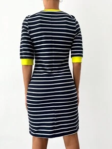 SHEIN Cottnline Striped Contrast Binding Dress - Navy Blue - View 2