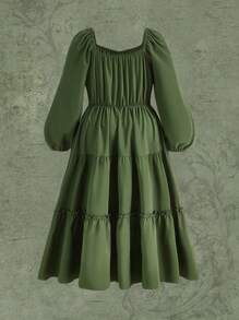 Flirla 大碼水溶蕾絲拼接前打結荷葉邊洋裝 - 軍綠色 - 查看 2