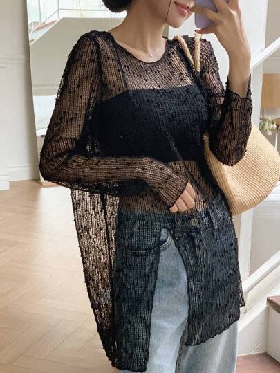 DAZY 纯色透明网眼上衣（不含吊带背心）外出上衣节日长袖女式上衣
