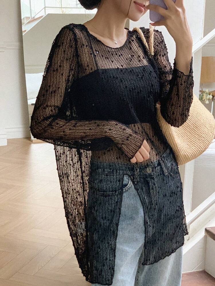 Solid Sheer Mesh Top Without Cami Top Going Out Tops Festival Long Sleeve Women Tops
