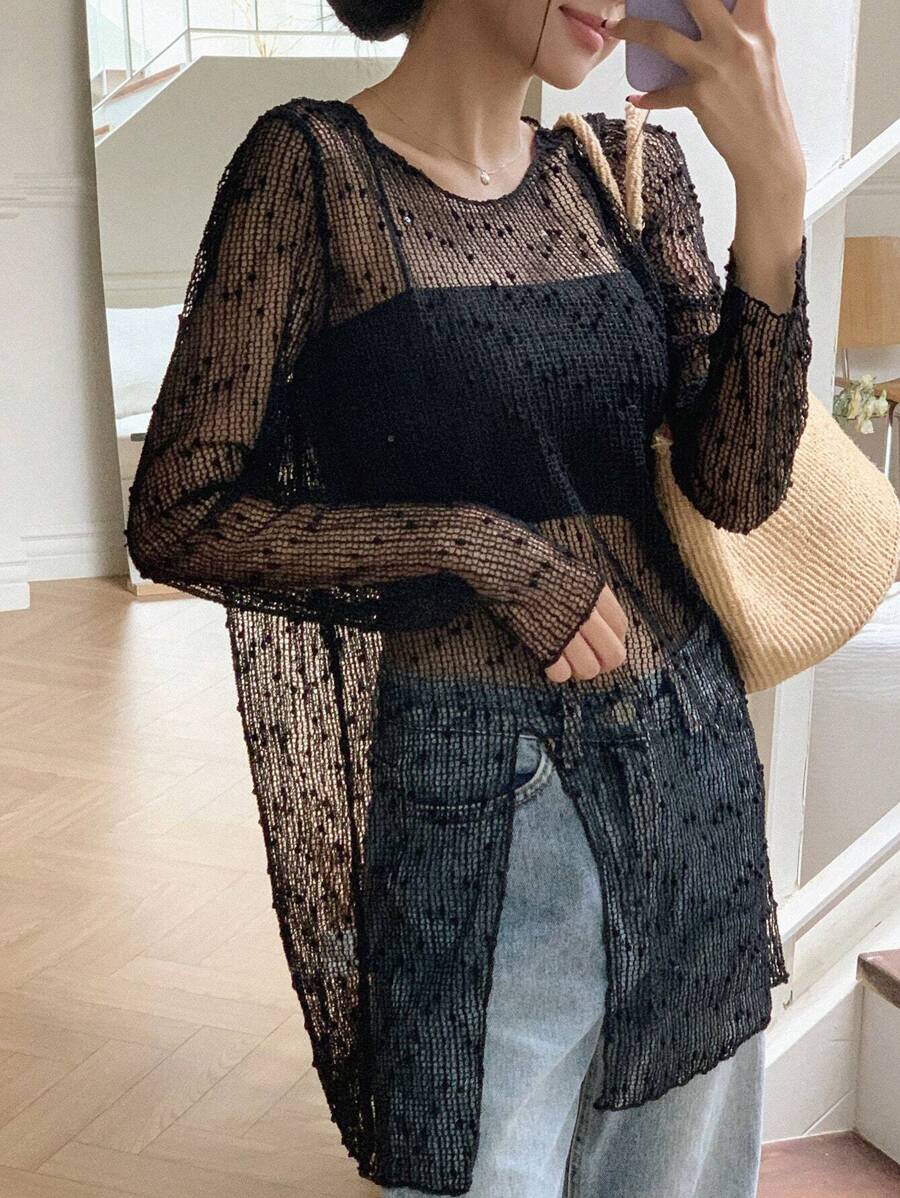 DAZY Solid Sheer Mesh Top Without Cami Top Going Out Tops Festival Long ...