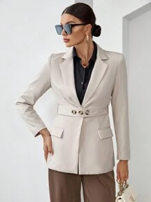 SHEIN Privé Lapel Neck Belted Blazer - Khaki - View 6