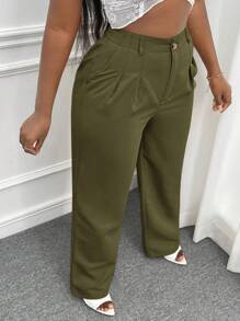 Slaydiva Pantalon Droit Unicolore À Poche - Vert - Voir 6