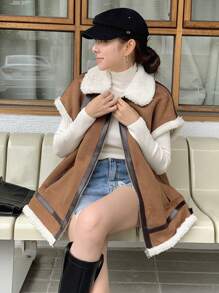 DAZY Contrast Trim Borg Collar Batwing Sleeve Teddy Lined Zipper Vest Jacket,Thermal Lined - Coffee Brown - View 4