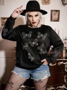 Calvaya Plus Halloween Rhinestone Butterfly Pattern Sweatshirt - Black - View 1
