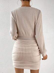 Chiquease Solid V Neck Ruched Bodycon Dress - Apricot - View 2