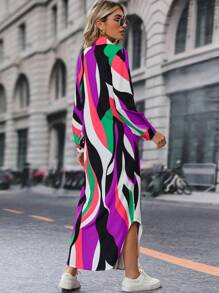 SHEIN LUNE Allover Print Button Front Shirt Dress - Multicolor - View 2