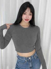 DAZY Solid Crop Tee,Fall Clothes Long Sleeve Women Tops