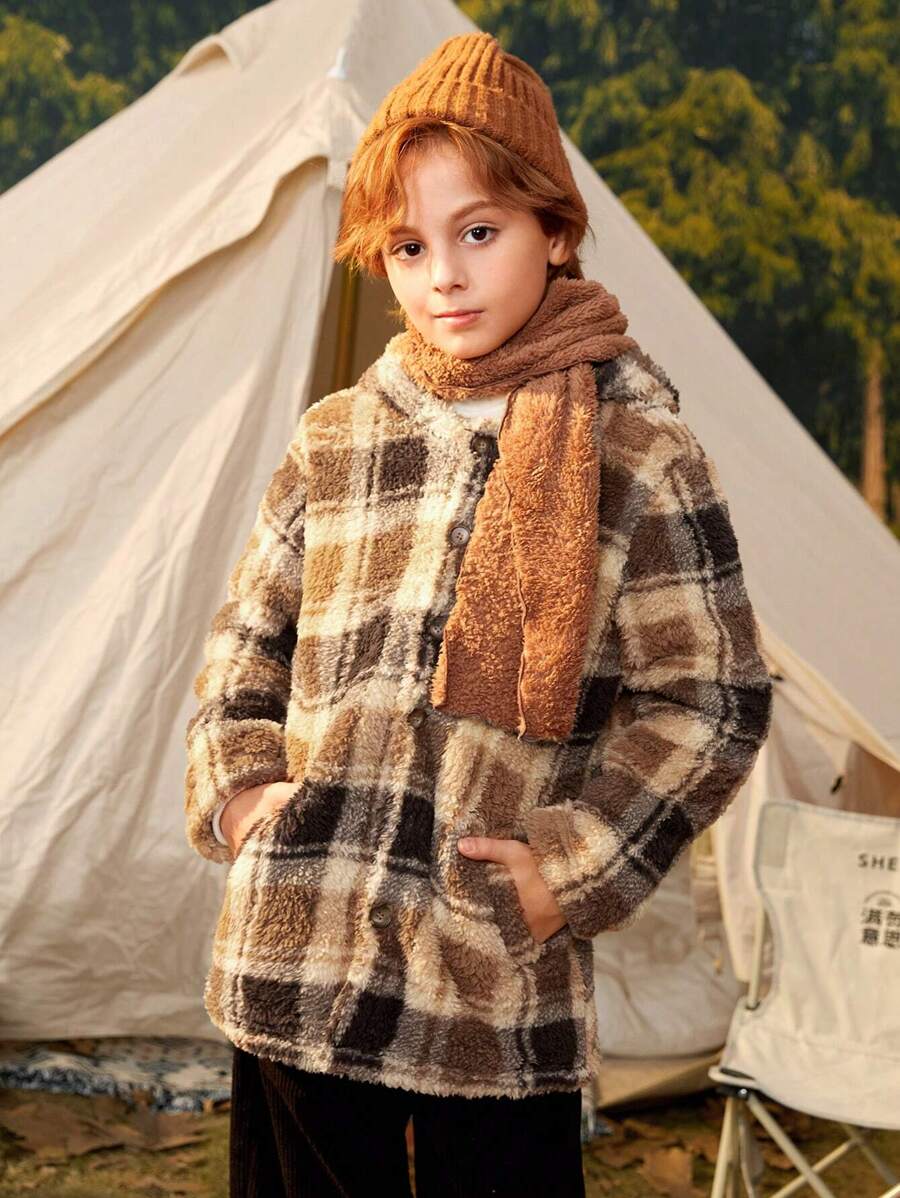 SHEIN Tween Boy Plaid Pattern Button Front Hooded Teddy Coat & Scarf - Multicolor - View 1