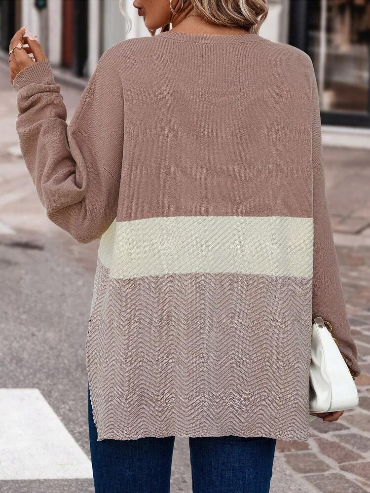 Color Block Drop Shoulder Knit Pullover Fall Winter Sweater