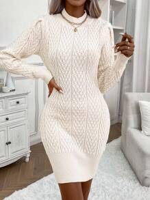 SHEIN LUNE Xoắn Dan Ống cổ Đầm Áo len - Màu be - Xem 4