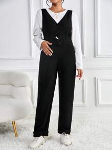 SHEIN Bộ đồ liền thân Bà bầu Thắt lưng Dây kéo Nút phía trước Tua màu trơn Giải trí - màu đen - Xem 5