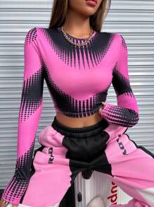 SHEIN Unity Áo thun tay dài cổ tròn in họa tiết nghệ thuật đại chúng - Hồng - Xem 1