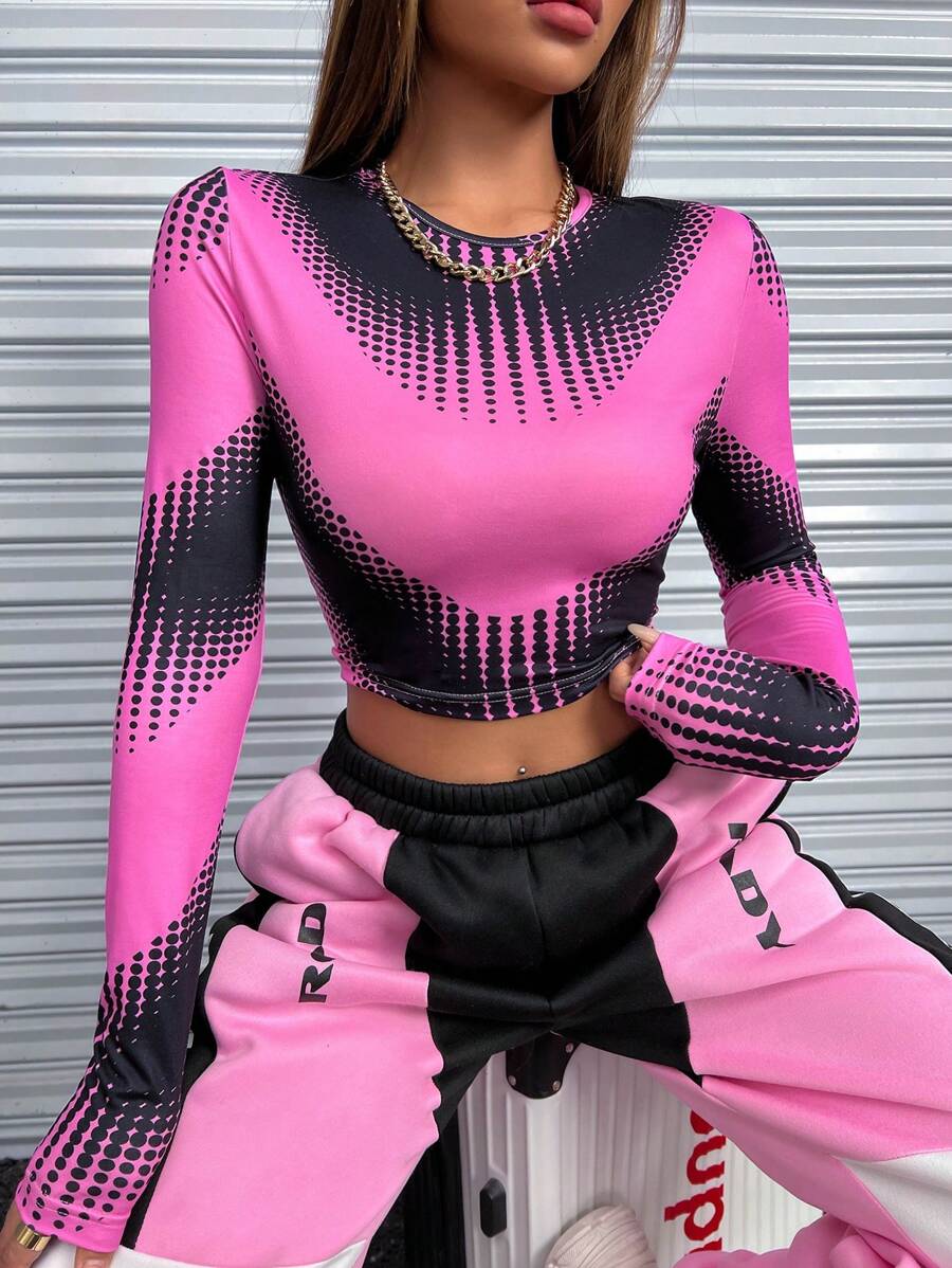 SHEIN Unity Áo thun tay dài cổ tròn in họa tiết nghệ thuật đại chúng - Hồng - Xem 1