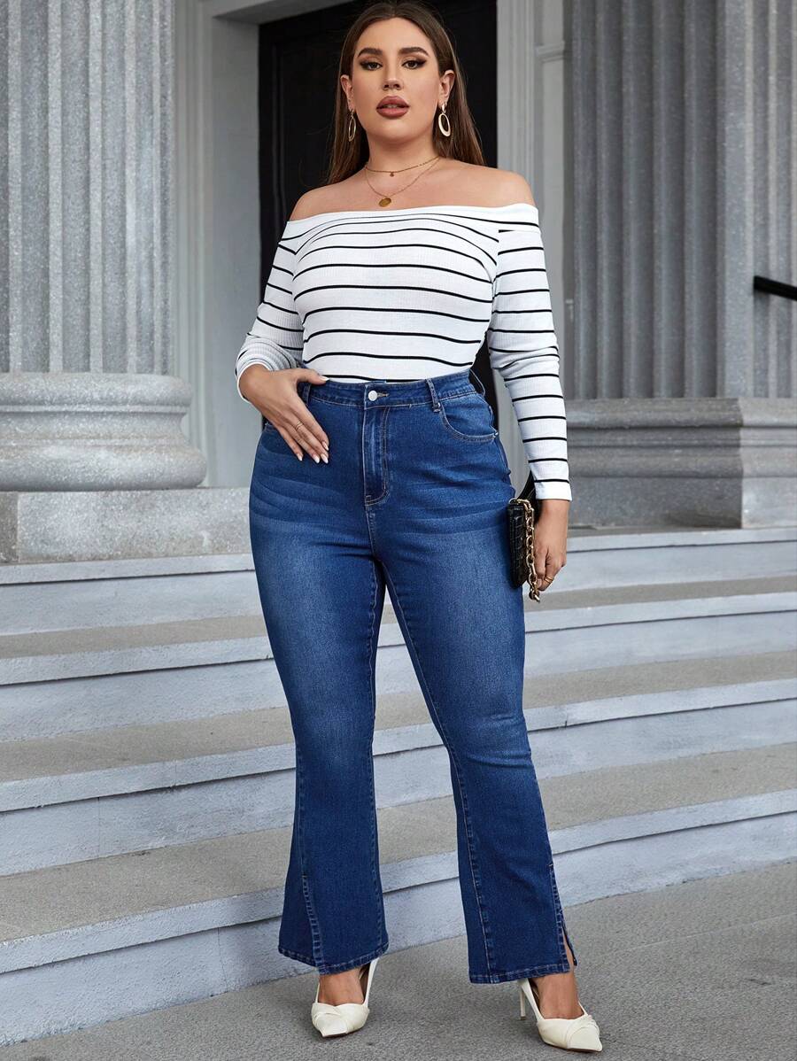 SHEIN LUNE Hơn Cao eo Viền chia cắt Quần ống loe - Màu xanh lam - Xem 1