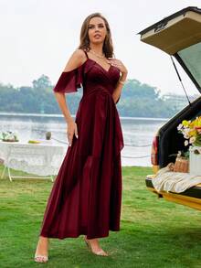Cold Shoulder Ruffle Trim Wrap Hem Chiffon Bridesmaid Dress - Burgundy - View 5