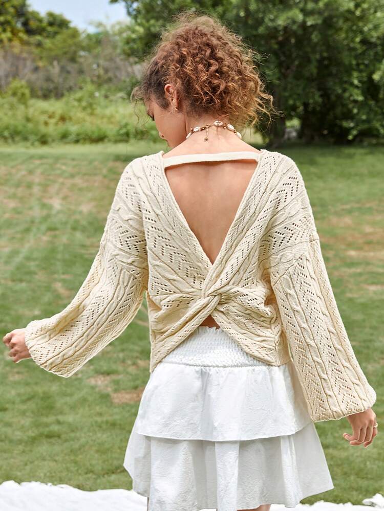 Twist Backless Drop Shoulder Pointelle Knit Sweater