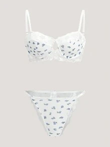 Floral Print Contrast Lace Underwire Bra & Panty Lingerie Set - White - View 7