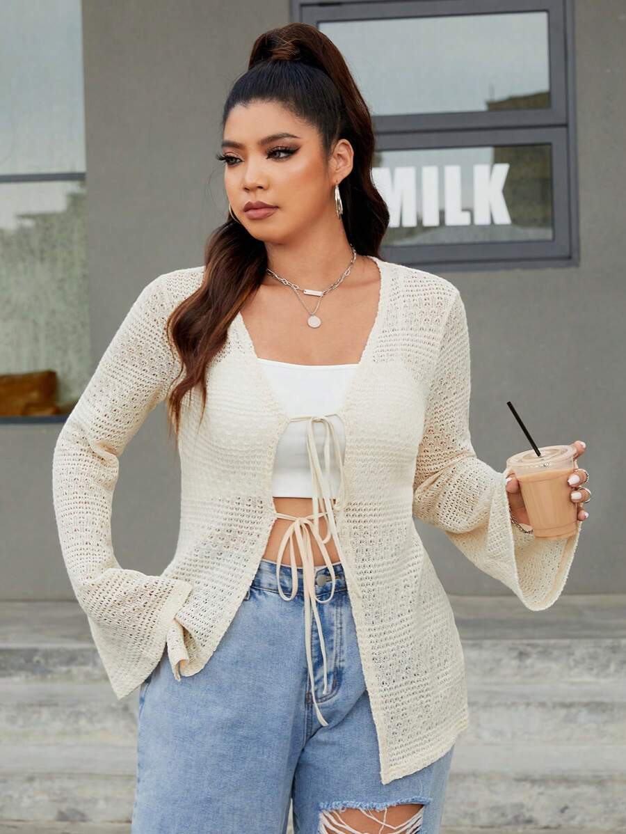 SHEIN Essnce Hơn Tie Trước Tay áo kèn  Áo Không có áo ngực - Màu be - Xem 1