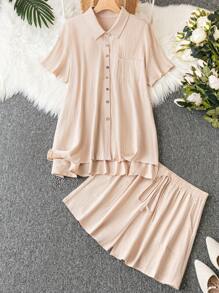 SHEIN LUNE Plus Drop Shoulder Pocket Patched Shirt - Apricot - View 1