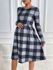 SHEIN Thai sản In kẻ sọc Buffalo Váy chữ A - Nhiều màu - Xem 5