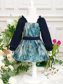 女嬰印花燈籠袖洋裝 - 藍色 - 查看 2