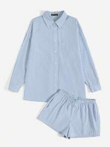 SHEIN EZwear Striped Print Drop Shoulder Shirt & Shorts Without Cami Top
