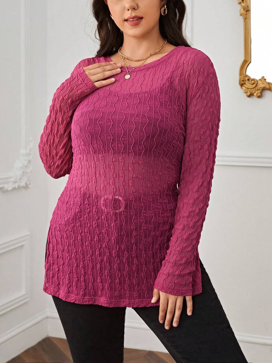 SHEIN Essnce 大碼素色下擺開叉上衣不附胸罩 - 玫紅色 - 查看 1