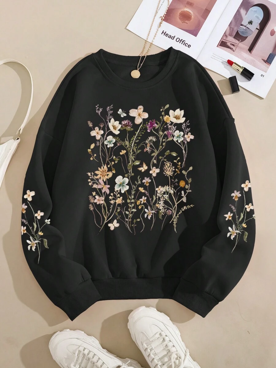 SHEIN Essnce 印花加絨內裏運動衫 - 黑色 - 查看 1