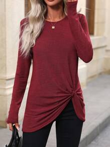 EMERY ROSE Solid Twist Hem Tee For New Year Clothes Fall Cloth For Women - Red - View 4