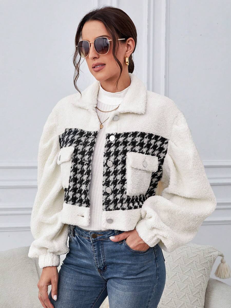 SHEIN Tall Houndstooth Print Drop Shoulder Teddy Jacket - Multicolor - View 1