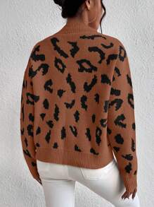 SHEIN Elenzya Áo len chui đầu tay rớt vai họa tiết da báo, thích hợp cho mùa thu đông. - màu nâu - Xem 2