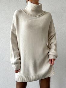 EURMUSE Turtleneck Drop Shoulder Sweater Without Belt - Beige - View 4