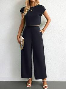 SHEIN Privé 素色蝙蝠袖短款上衣&闊腿褲 - 黑色 - 查看 6