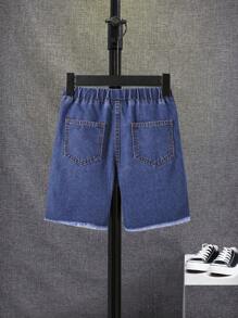 SHEIN Tween Boy Ripped Raw Hem Denim Shorts - Dark Wash - View 2